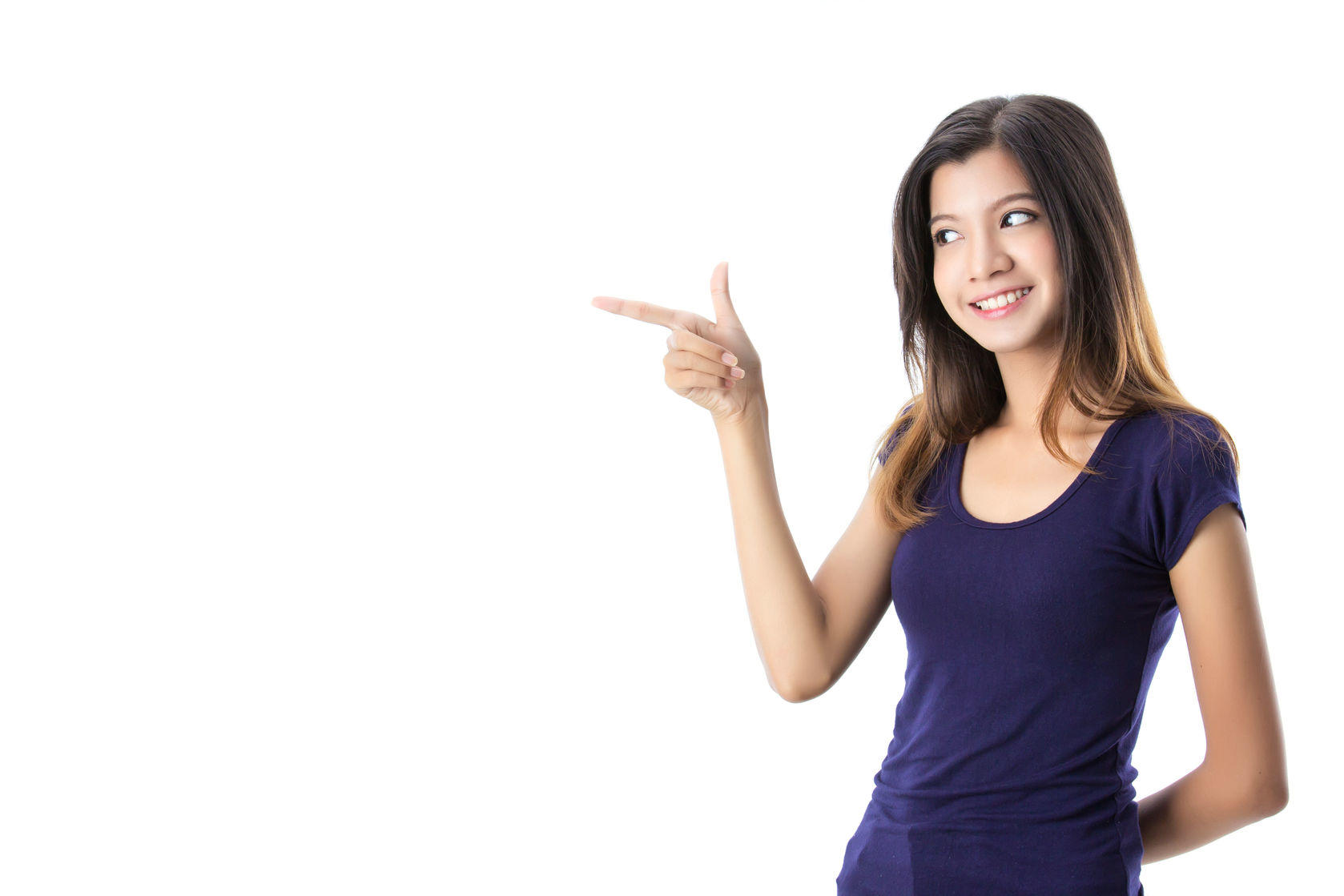 36059491 - pretty asian girl smiling and point finger on isolated background
